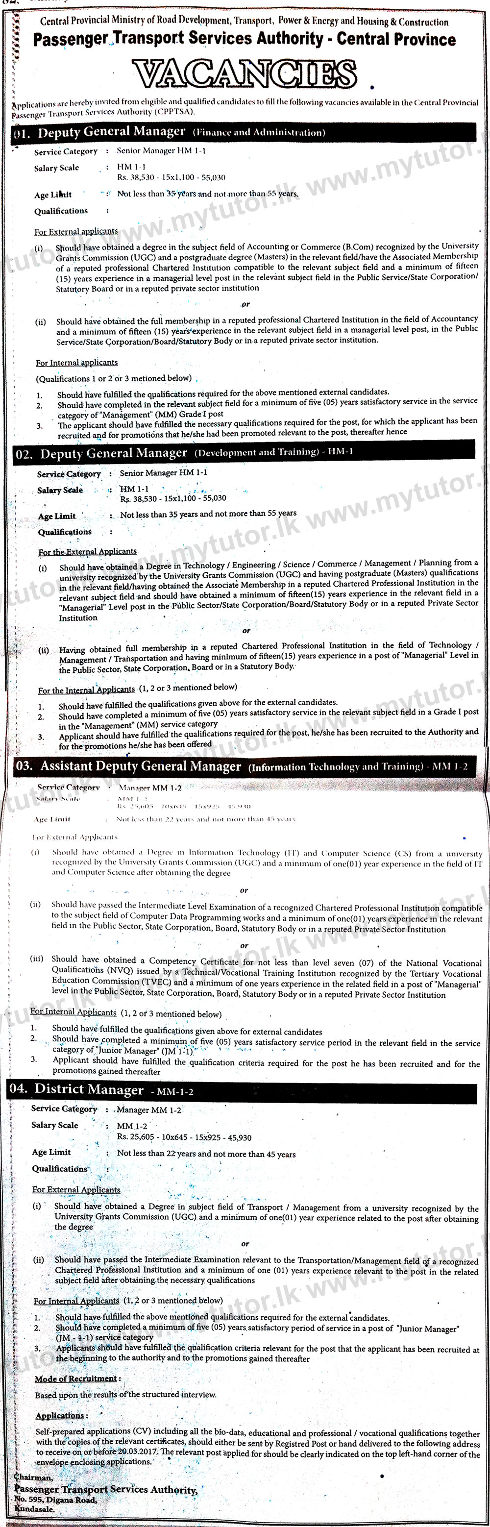 Deputy General Manager (Finance & Administration, Development & Training), Assistant Deputy General Manager (Information Technology & Training), District Manager - Passenger Transport Services Authority - Central Province